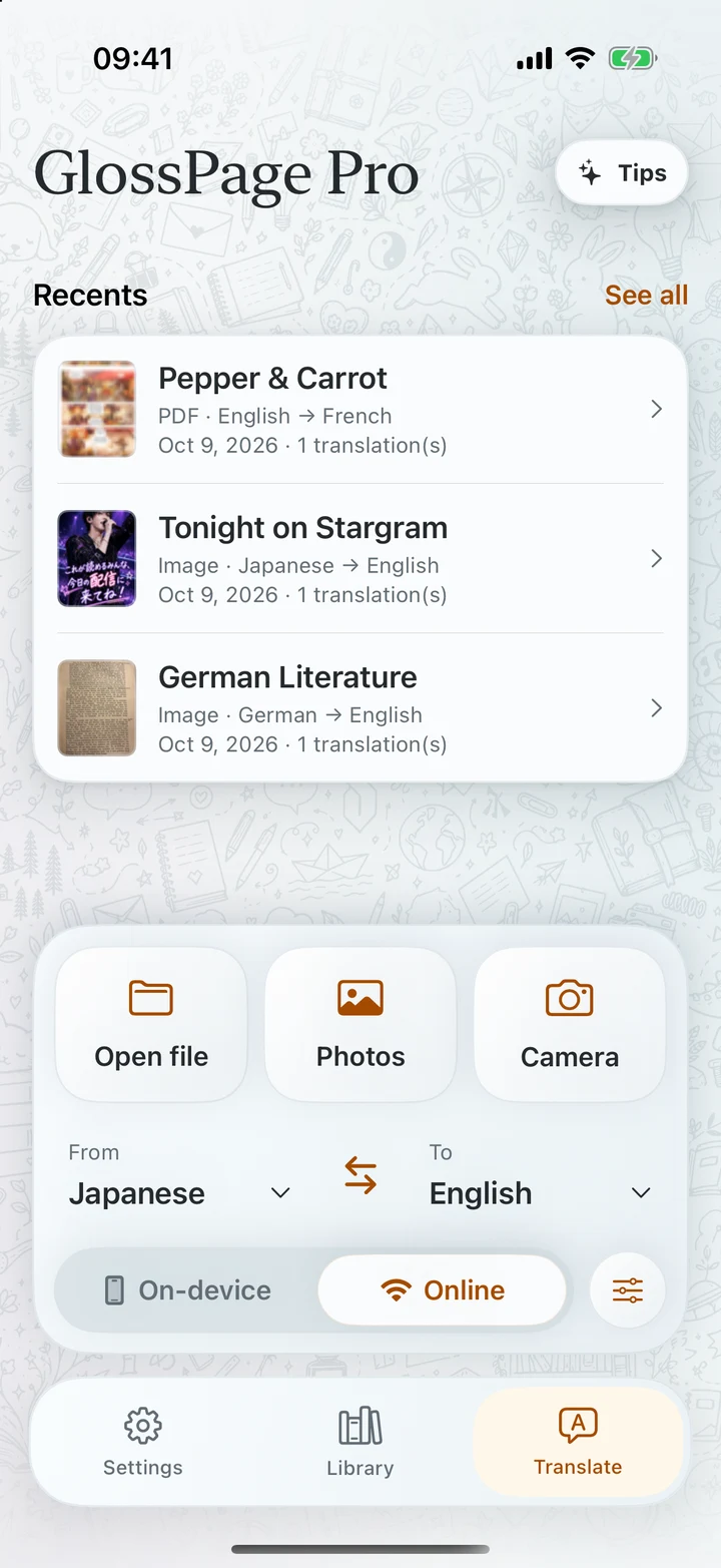 GlossPage main screen with Open file, Photos, Camera and translation language controls
