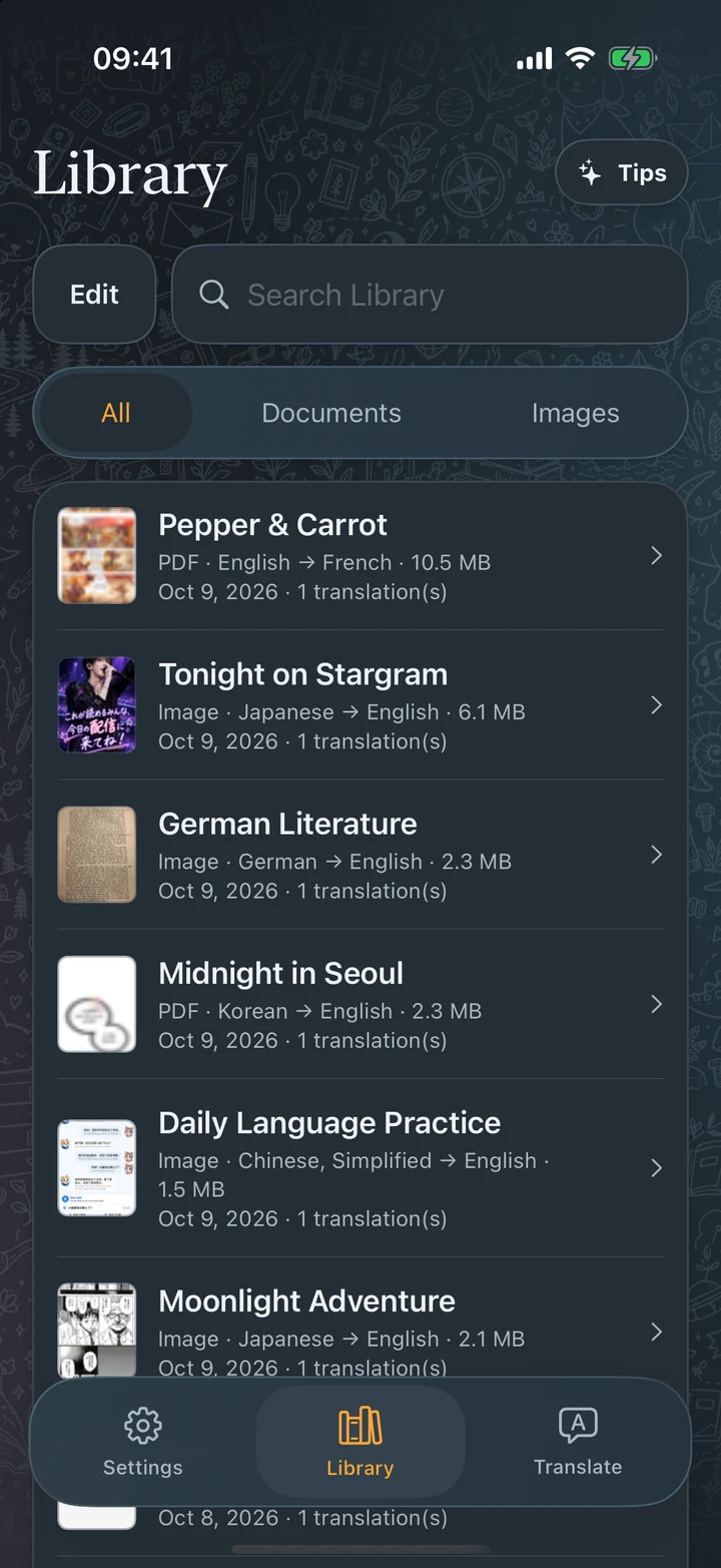 GlossPage library in dark mode with search, document and image filters, and saved translated pages