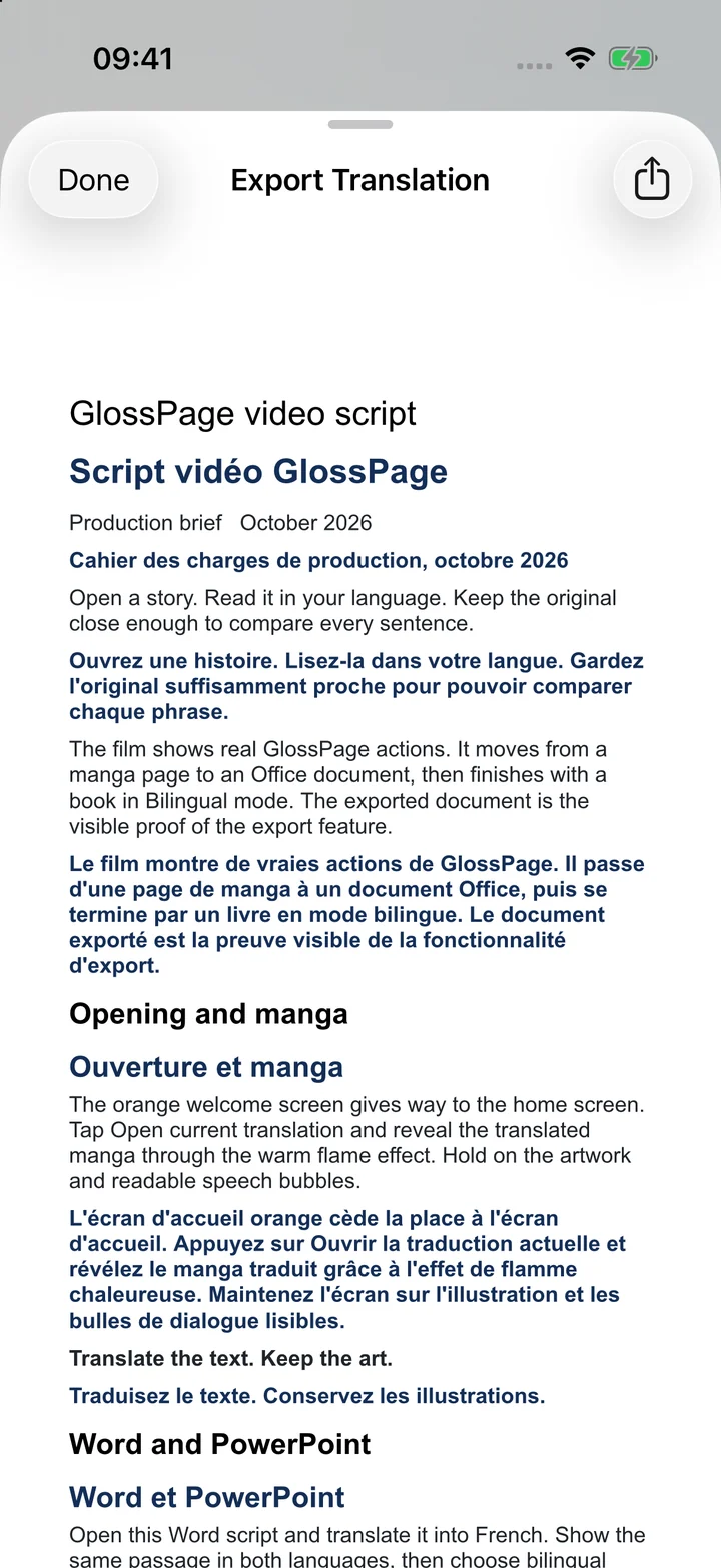 Actual bilingual Word export containing the English original and French translation