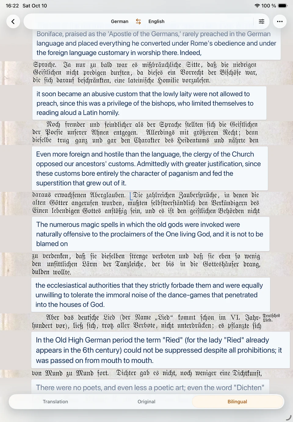Readable bilingual book on iPad, with English translations placed between the original German passages