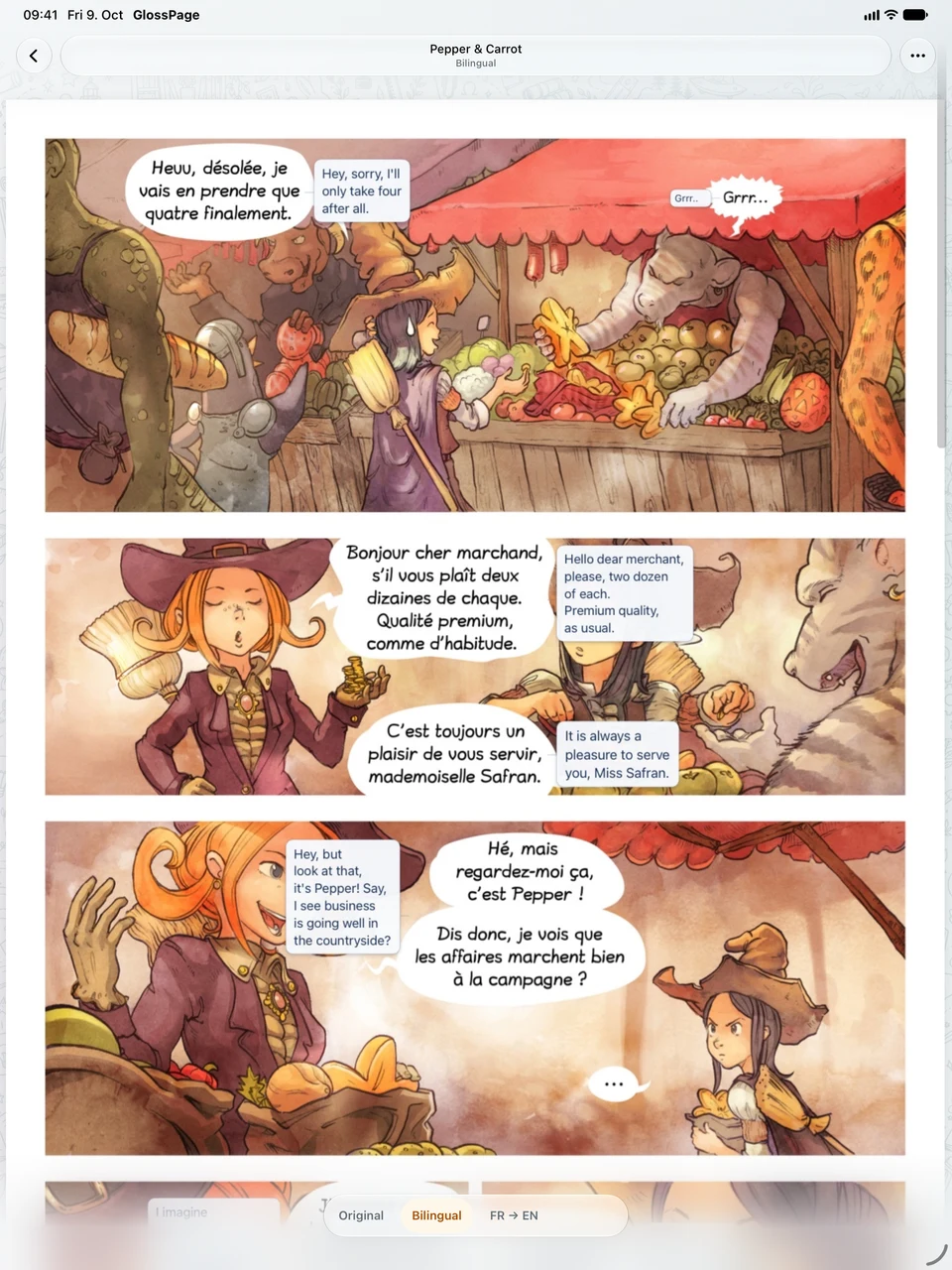 Pepper and Carrot comic with original French speech bubbles and English translations side by side