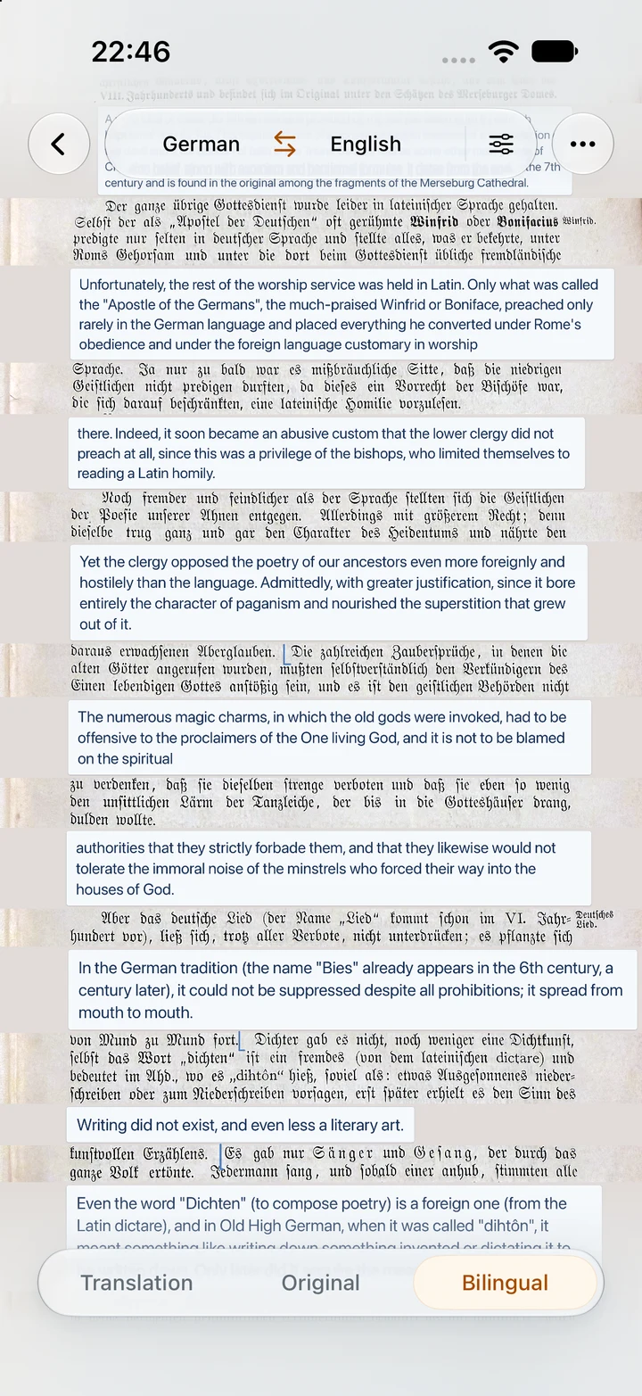 Close bilingual book view with German source passages and readable English translations